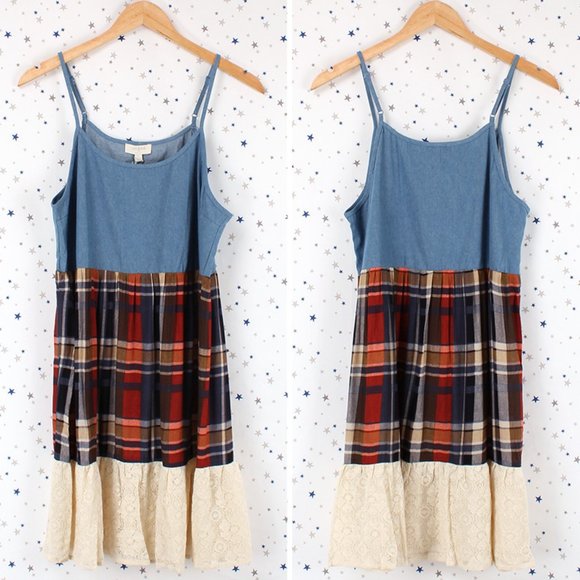 Umgee Tiered Dress Denim Plaid Lace Dark Denim - Picture 7 of 8